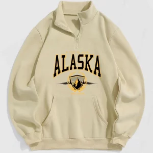 ZAFUL Quarter Zip ALASKA Graphic Fleece Thermal Lined Front Pocket Vintage Pullover Sweatshirt